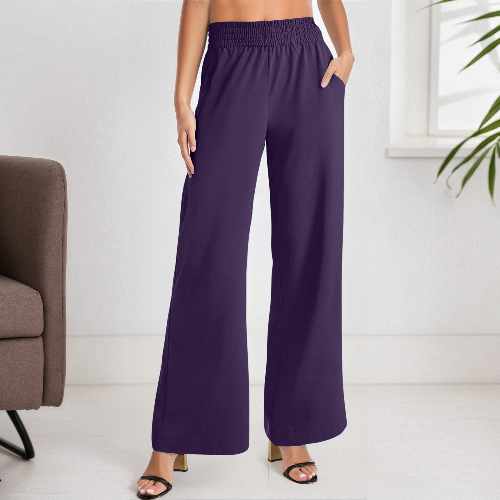 thumbnail image 2 of Pantalones casuales rectos para mujer: bolsillos laterales, para todas las estaciones, poliéster, color liso básico, tallas S-XXL, 2 of 5